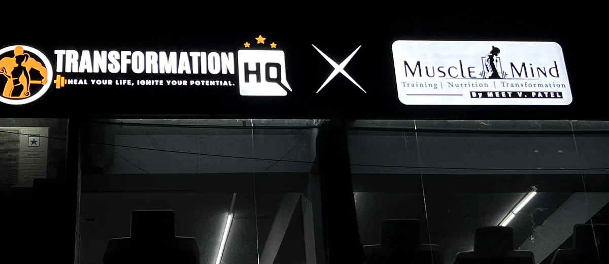 Transformation HQ and MuscleMind Training signage at the Gotri, Vadodara gym